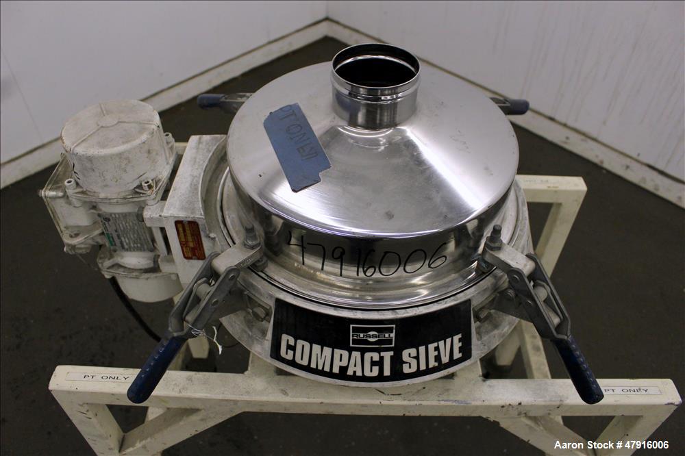 Used Russell Finex Compact Sieve, Model 27400, Stainless Steel. Approximate 14" diameter single deck. Clamp down top cover with 4" feed opening. 4" Center bottom discharge. Driven by a 0.23hp, 1/60/1...