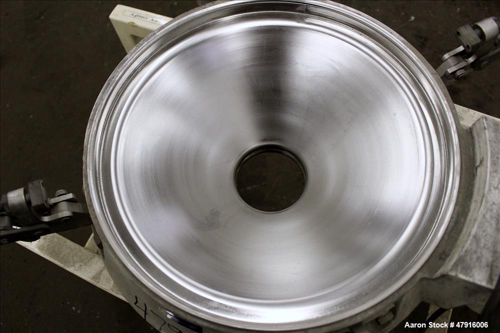Used Russell Finex Compact Sieve, Model 27400, Stainless Steel. Approximate 14" diameter single deck. Clamp down top cover with 4" feed opening. 4" Center bottom discharge. Driven by a 0.23hp, 1/60/1...