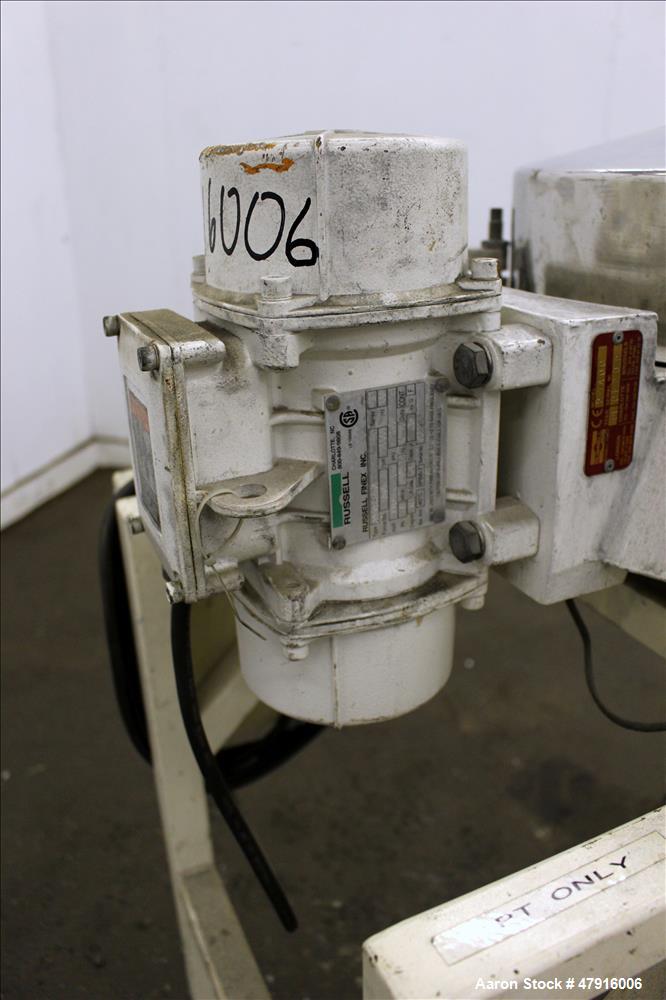 Used Russell Finex Compact Sieve, Model 27400, Stainless Steel. Approximate 14" diameter single deck. Clamp down top cover with 4" feed opening. 4" Center bottom discharge. Driven by a 0.23hp, 1/60/1...
