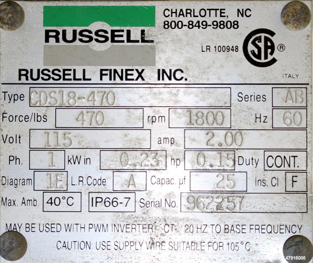 Used Russell Finex Compact Sieve, Model 27400, Stainless Steel. Approximate 14" diameter single deck. Clamp down top cover with 4" feed opening. 4" Center bottom discharge. Driven by a 0.23hp, 1/60/1...