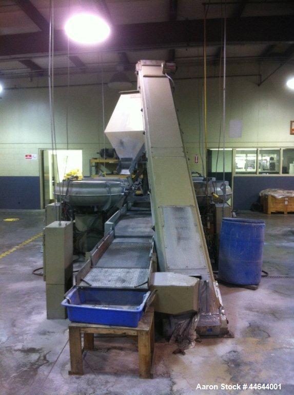 Used Almco 4 Bowl Vibratory System, Model OR-10V.  (4) Bowls are 10 cubic feet each, 15' x 30" conveyor, 8' screen separator.  Includes complete emptying system and full return of media.