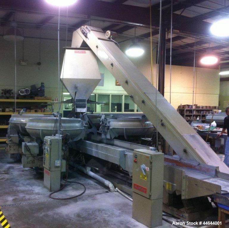 Used Almco 4 Bowl Vibratory System, Model OR-10V.  (4) Bowls are 10 cubic feet each, 15' x 30" conveyor, 8' screen separator.  Includes complete emptying system and full return of media.