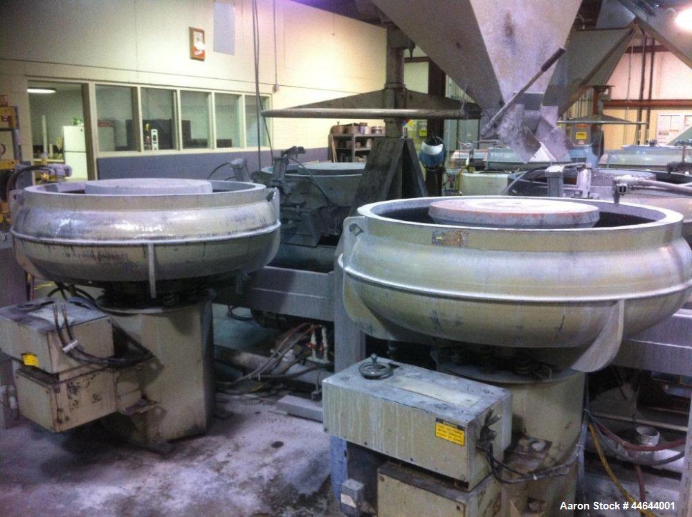 Used Almco 4 Bowl Vibratory System, Model OR-10V.  (4) Bowls are 10 cubic feet each, 15' x 30" conveyor, 8' screen separator.  Includes complete emptying system and full return of media.