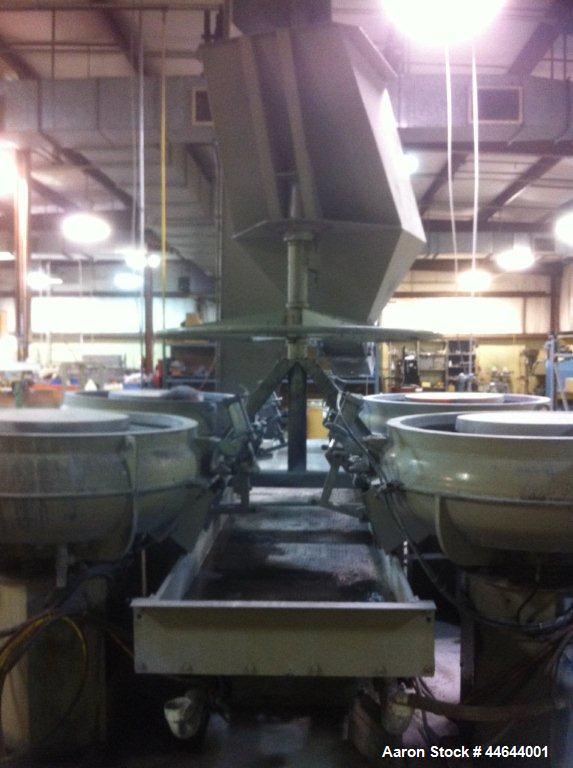 Used Almco 4 Bowl Vibratory System, Model OR-10V.  (4) Bowls are 10 cubic feet each, 15' x 30" conveyor, 8' screen separator.  Includes complete emptying system and full return of media.