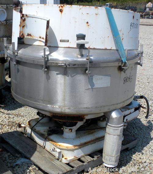 USED: BF Gump pneumatic incline screener, model CP43. 48" diameter, 304 stainless steel, operating at 15 psig, 6" inlet, 5" outlet, 3 screens, 33 square foot total screen area. Driven by a 2 hp, 3/60...