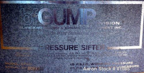 USED: BF Gump pneumatic incline screener, model CP43. 48" diameter, 304 stainless steel, operating at 15 psig, 6" inlet, 5" outlet, 3 screens, 33 square foot total screen area. Driven by a 2 hp, 3/60...