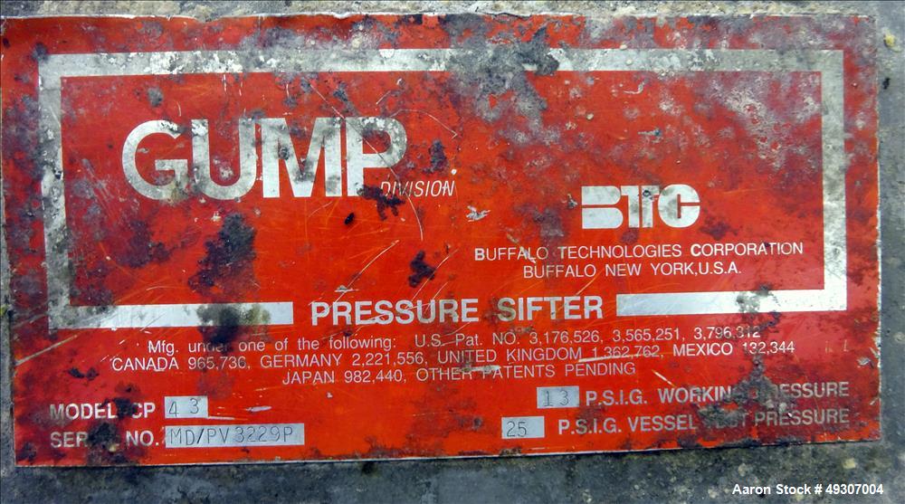 Used Gump Pneumatic Inline Screener, Model CP-43, 304 Stainless Steel.