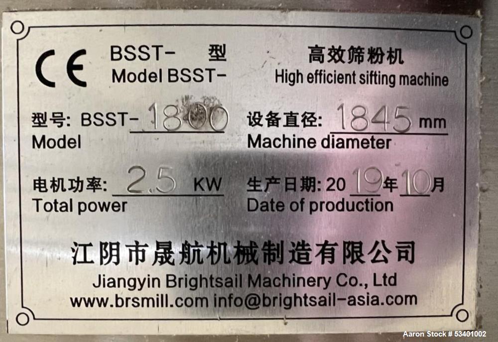 Tamiz de acero inoxidable de 72' usado para maquinaria Brightsail, modelo BSST-1800, construido el 10/2019.