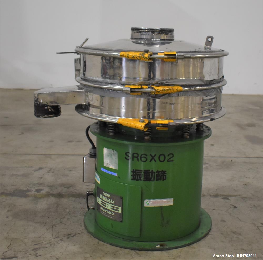 Used Dalton Circular Vibratory Screener, Model 501, 304 Stainless Steel. Approximate 20" diameter. Single deck, 2 separation. Driven by a 0.4 kW motor. Top clamp-on cover with top opening. Mounted on...