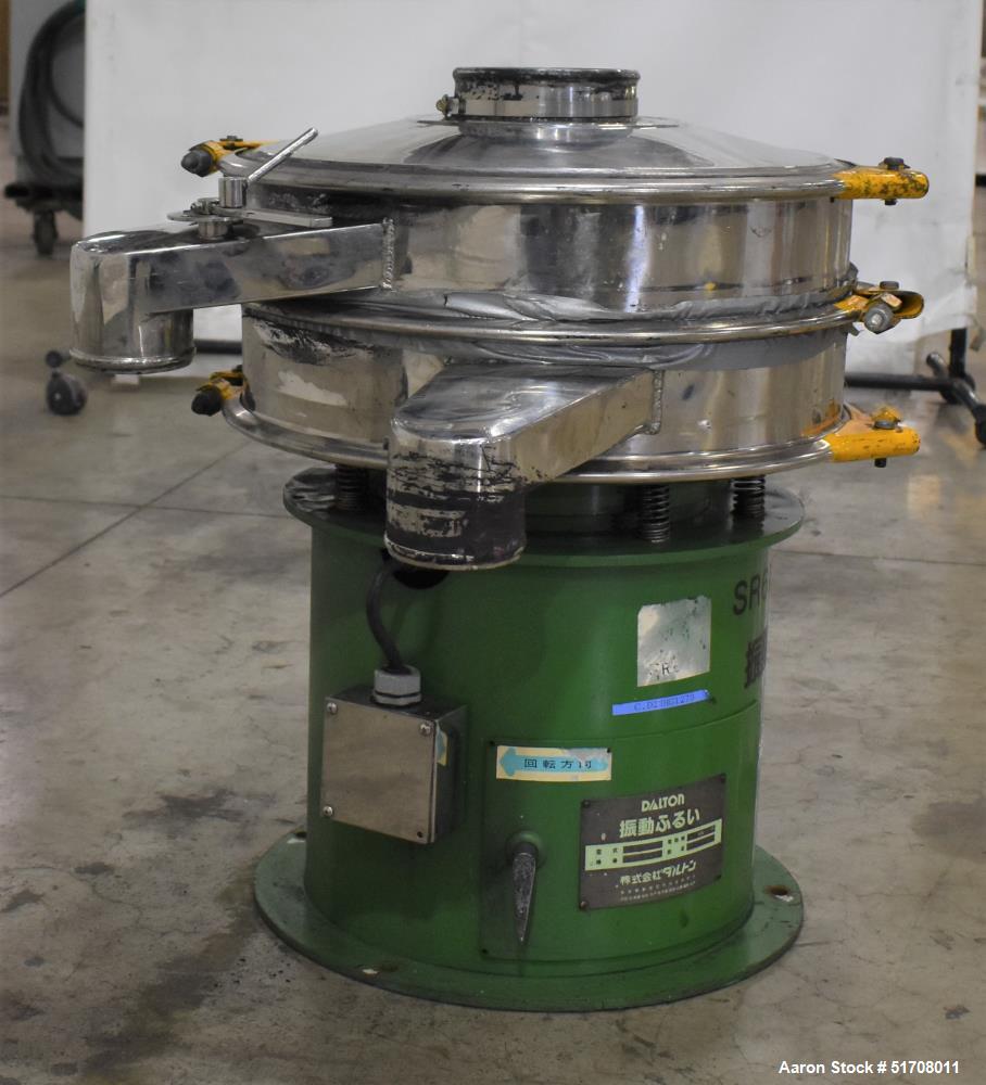 Used Dalton Circular Vibratory Screener, Model 501, 304 Stainless Steel. Approximate 20" diameter. Single deck, 2 separation. Driven by a 0.4 kW motor. Top clamp-on cover with top opening. Mounted on...