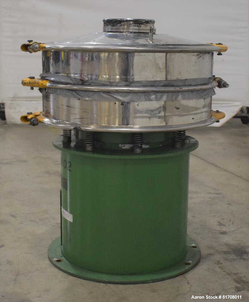 Used Dalton Circular Vibratory Screener, Model 501, 304 Stainless Steel. Approximate 20" diameter. Single deck, 2 separation. Driven by a 0.4 kW motor. Top clamp-on cover with top opening. Mounted on...
