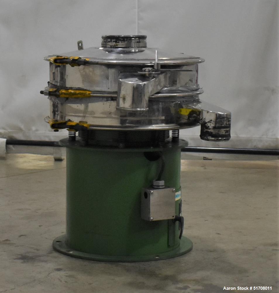 Used Dalton Circular Vibratory Screener, Model 501, 304 Stainless Steel. Approximate 20" diameter. Single deck, 2 separation. Driven by a 0.4 kW motor. Top clamp-on cover with top opening. Mounted on...