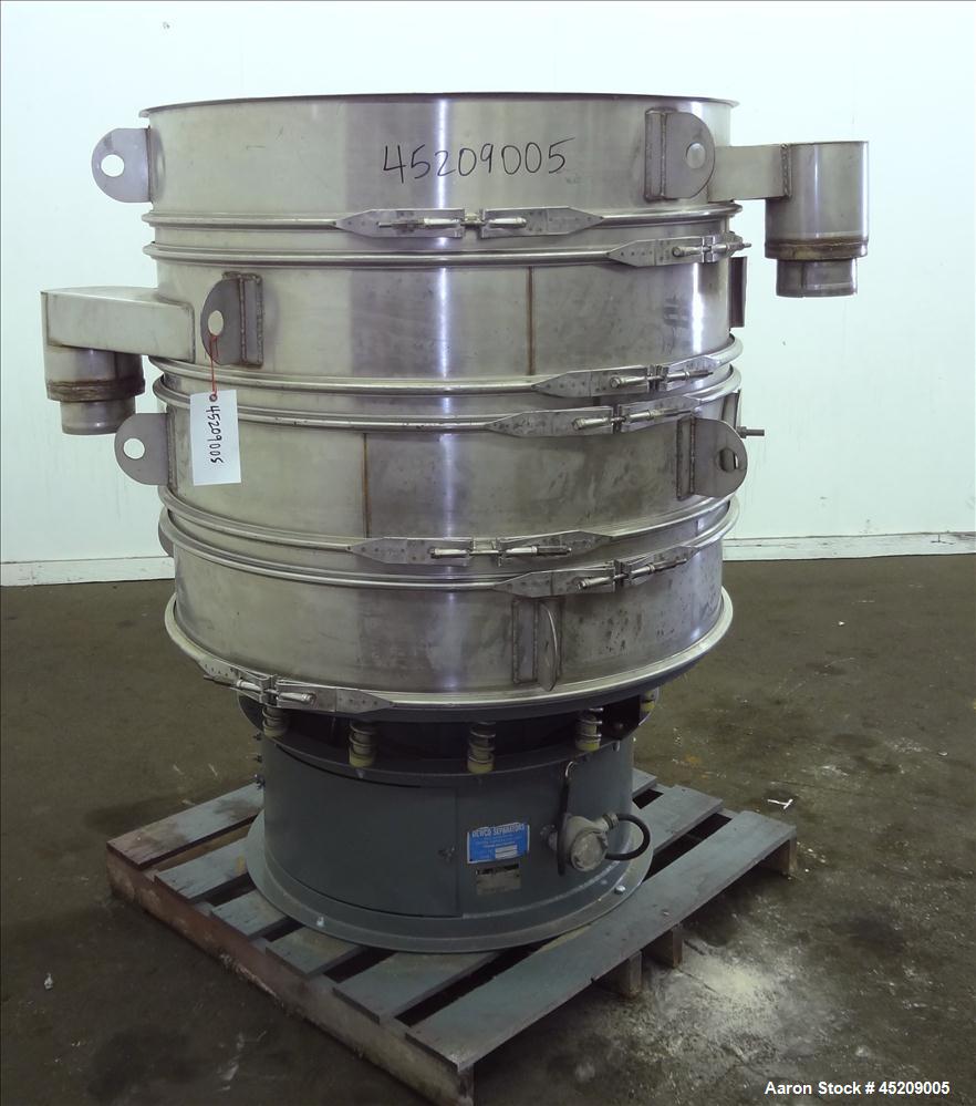 Used Rebuilt Dewco Screener, 48" Diameter, 304 Stainless Steel. (3) Deck, 4 separations, no top cover. Driven by a 2.5 hp, 3/60/460 volt, 1160 rpm motor. Mounted on a carbon steel base. Serial#488888...