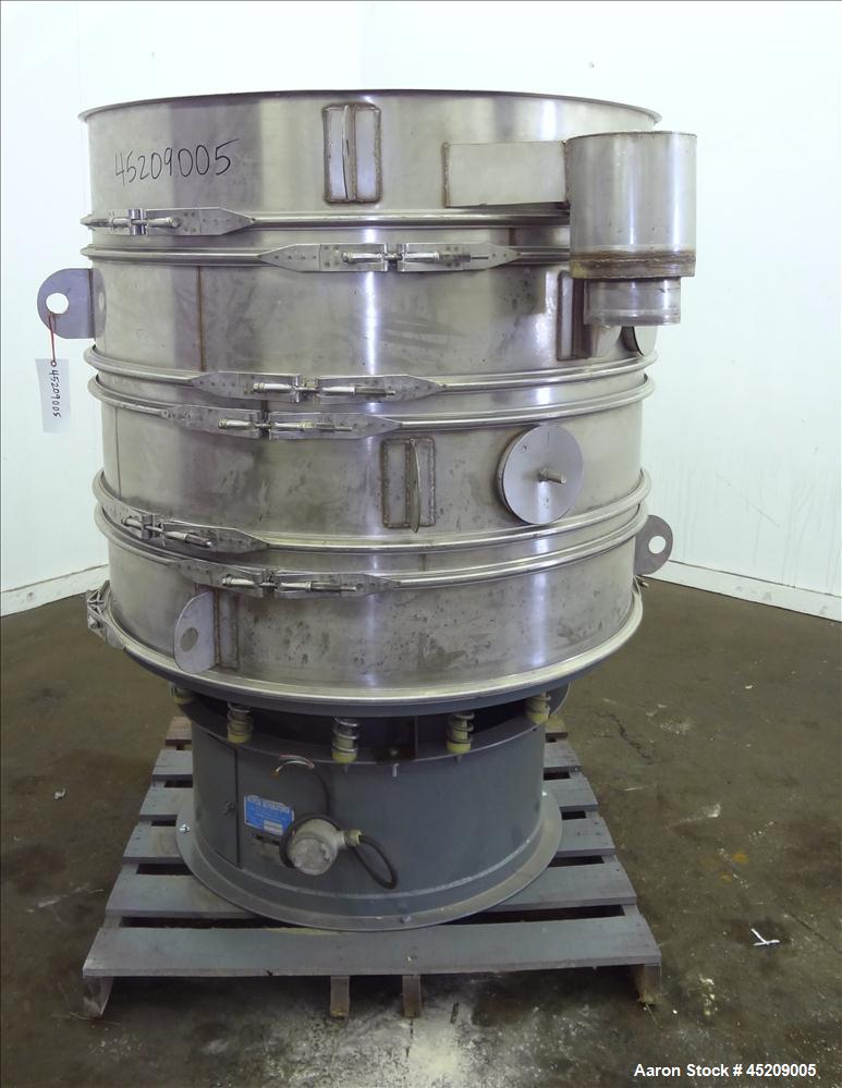 Used Rebuilt Dewco Screener, 48" Diameter, 304 Stainless Steel. (3) Deck, 4 separations, no top cover. Driven by a 2.5 hp, 3/60/460 volt, 1160 rpm motor. Mounted on a carbon steel base. Serial#488888...