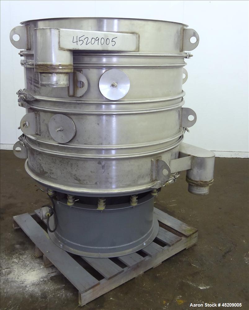 Used Rebuilt Dewco Screener, 48" Diameter, 304 Stainless Steel. (3) Deck, 4 separations, no top cover. Driven by a 2.5 hp, 3/60/460 volt, 1160 rpm motor. Mounted on a carbon steel base. Serial#488888...