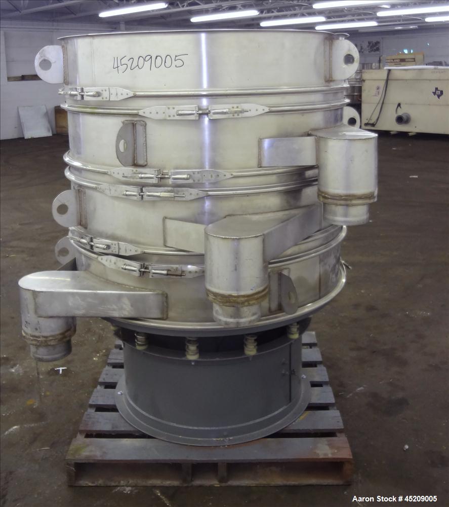 Used Rebuilt Dewco Screener, 48" Diameter, 304 Stainless Steel. (3) Deck, 4 separations, no top cover. Driven by a 2.5 hp, 3/60/460 volt, 1160 rpm motor. Mounted on a carbon steel base. Serial#488888...