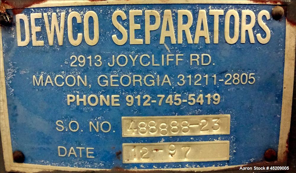 Used Rebuilt Dewco Screener, 48" Diameter, 304 Stainless Steel. (3) Deck, 4 separations, no top cover. Driven by a 2.5 hp, 3/60/460 volt, 1160 rpm motor. Mounted on a carbon steel base. Serial#488888...