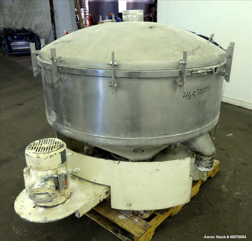 Used Gump Pneumatic Inline Screener, Model CP-43, 304 Stainless Steel. 43" Diameter, approximate 33 square foot total screen area, (2) screen, operating at 13 psig. Approximate 6" inlet, 5" outlet. D...