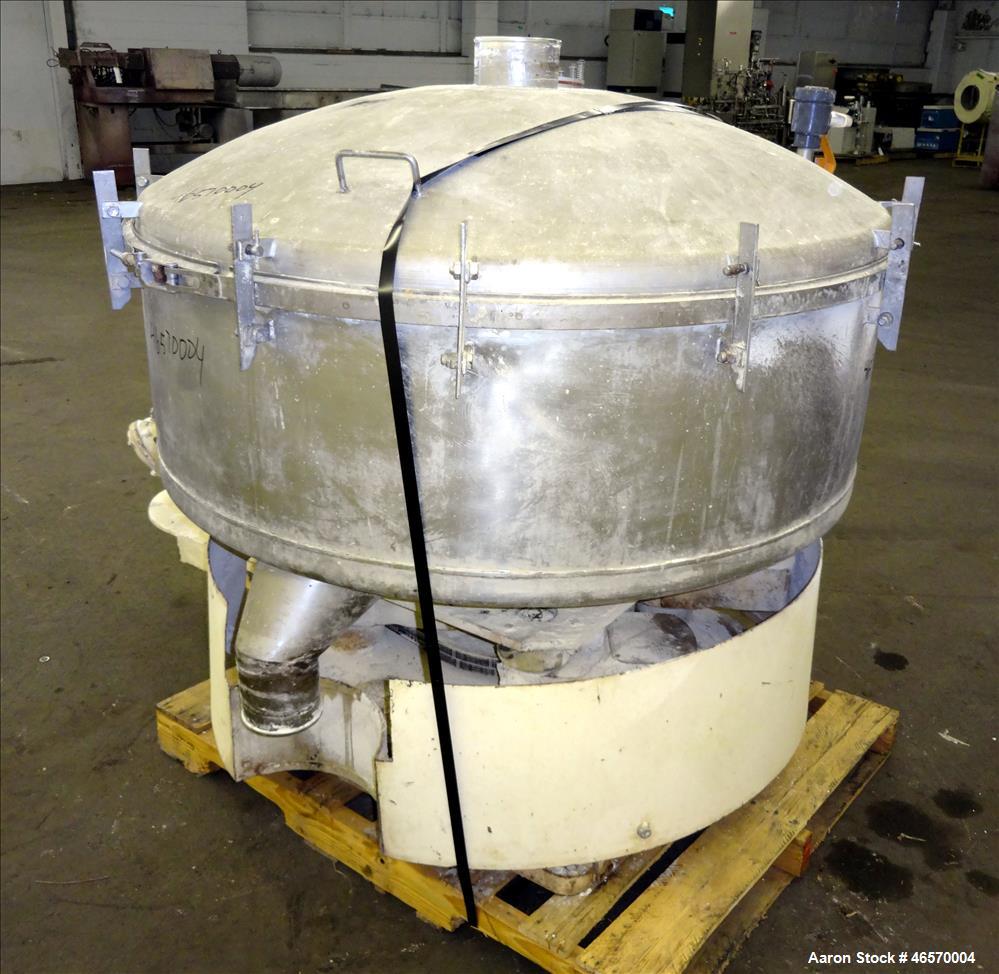 Used Gump Pneumatic Inline Screener, Model CP-43, 304 Stainless Steel. 43" Diameter, approximate 33 square foot total screen area, (2) screen, operating at 13 psig. Approximate 6" inlet, 5" outlet. D...