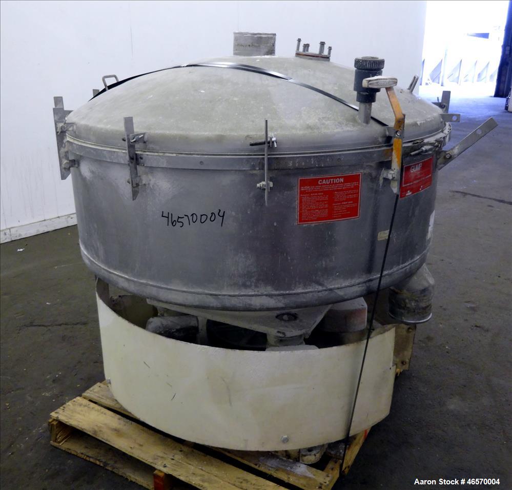 Used Gump Pneumatic Inline Screener, Model CP-43, 304 Stainless Steel. 43" Diameter, approximate 33 square foot total screen area, (2) screen, operating at 13 psig. Approximate 6" inlet, 5" outlet. D...