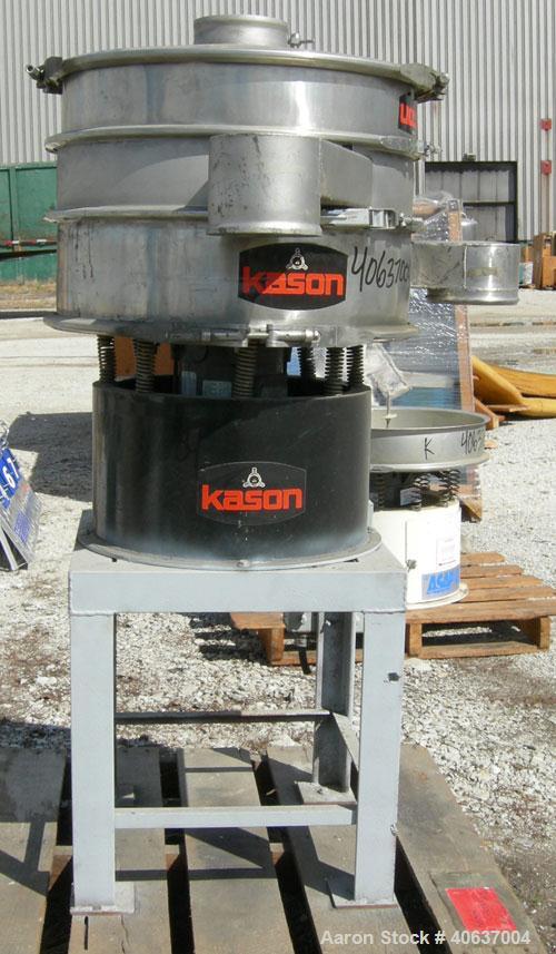 Used Kason Screener, Model K24-1-SS, 304 Stainless Steel.  24" diameter, double deck, 3 separation.  Stainless steel top cover.  Driven by a 1/3 HP, 3/60/230/460 Volt, 1725 RPM motor.  Mounted on a c...