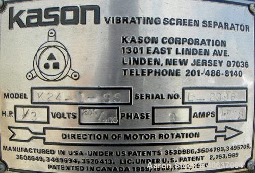 Used Kason Screener, Model K24-1-SS, 304 Stainless Steel.  24" diameter, double deck, 3 separation.  Stainless steel top cover.  Driven by a 1/3 HP, 3/60/230/460 Volt, 1725 RPM motor.  Mounted on a c...