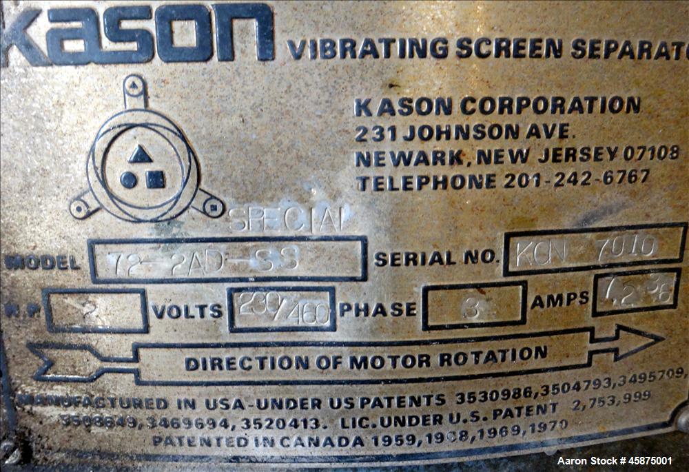 Used Kason Vibrating Screen Separator, Model 72-2AD-SS.
