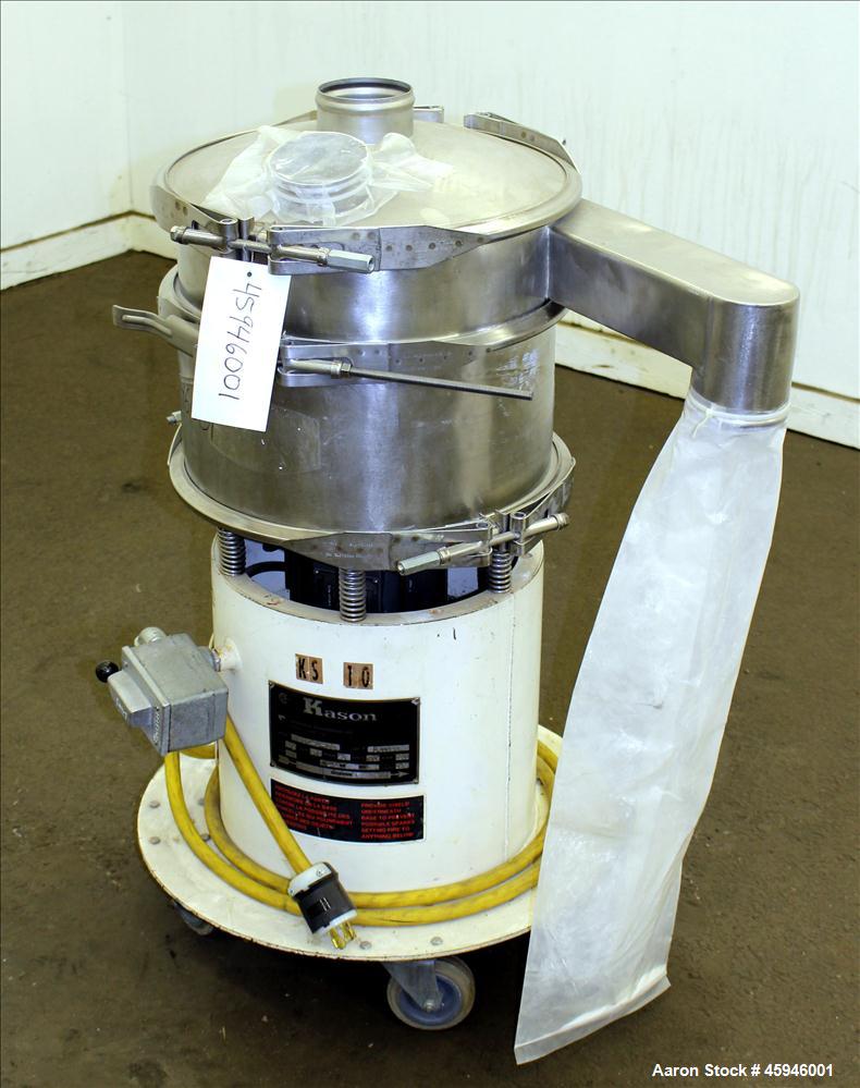 Used Kason Separator, Model K 18-1-SS, 304 Stainless steel. 18" Diameter, single deck, 2 separation, no screens. Stainless steel top cover. Driven by 1/3 hp, 3/60/575 volt, 1140 rpm xp motor. Mounted...