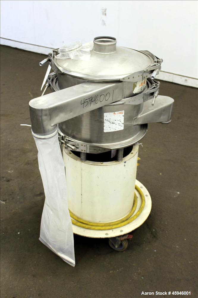 Used Kason Separator, Model K 18-1-SS, 304 Stainless steel. 18" Diameter, single deck, 2 separation, no screens. Stainless steel top cover. Driven by 1/3 hp, 3/60/575 volt, 1140 rpm xp motor. Mounted...