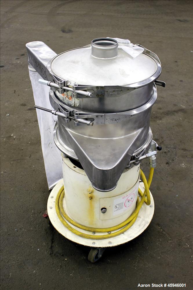 Used Kason Separator, Model K 18-1-SS, 304 Stainless steel. 18" Diameter, single deck, 2 separation, no screens. Stainless steel top cover. Driven by 1/3 hp, 3/60/575 volt, 1140 rpm xp motor. Mounted...