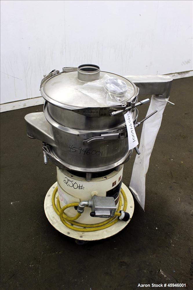 Used Kason Separator, Model K 18-1-SS, 304 Stainless steel. 18" Diameter, single deck, 2 separation, no screens. Stainless steel top cover. Driven by 1/3 hp, 3/60/575 volt, 1140 rpm xp motor. Mounted...