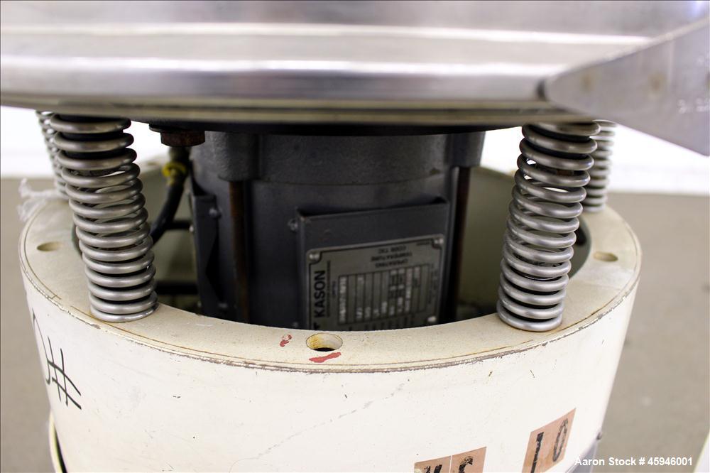 Used Kason Separator, Model K 18-1-SS, 304 Stainless steel. 18" Diameter, single deck, 2 separation, no screens. Stainless steel top cover. Driven by 1/3 hp, 3/60/575 volt, 1140 rpm xp motor. Mounted...