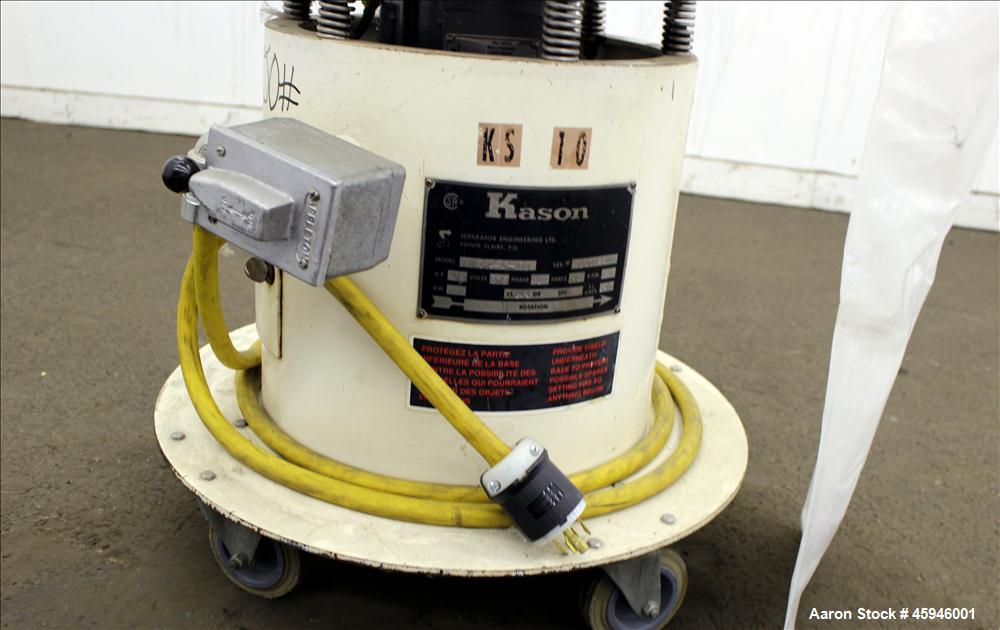 Used Kason Separator, Model K 18-1-SS, 304 Stainless steel. 18" Diameter, single deck, 2 separation, no screens. Stainless steel top cover. Driven by 1/3 hp, 3/60/575 volt, 1140 rpm xp motor. Mounted...