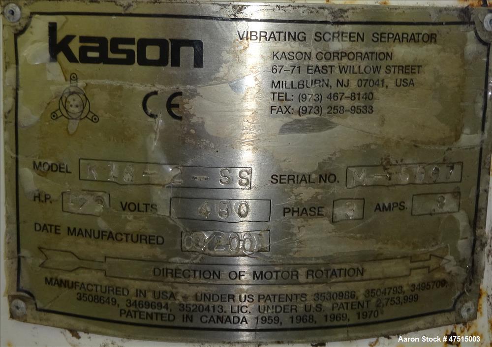 Used Kason Screener, Model K-18-2-SS, 304 Stainless Steel.