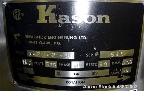 Used Kason Screener, Model K24-2-SS, 304 Stainless Steel. 24” Diameter, double deck, 3 separation. Stainless steel top cover. Driven by a 1/3hp, 3/60/575 volt, 1200 rpm motor. Mounted on a stainless ...
