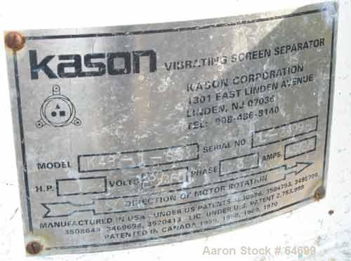 Used Kason Sifter, Model K48-1-SS, Carbon Steel. 48" Diameter single deck, 2 separation, 1 hp motor, 230/460 volt, mounted on carbon steel base with casters, sifter has stainless steel top cover.