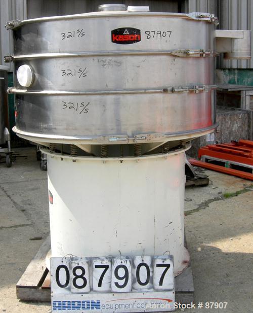 USED: Kason screener, model K-60-2-SS, 321 stainless steel. 60" diameter, double deck, 3 separation. Top cover. Driven by a 1 hp, 3/60/330/460 volt motor. Mounted on a carbon steel base.