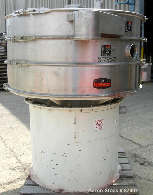USED: Kason screener, model K-60-2-SS, 321 stainless steel. 60" diameter, double deck, 3 separation. Top cover. Driven by a 1 hp, 3/60/330/460 volt motor. Mounted on a carbon steel base.