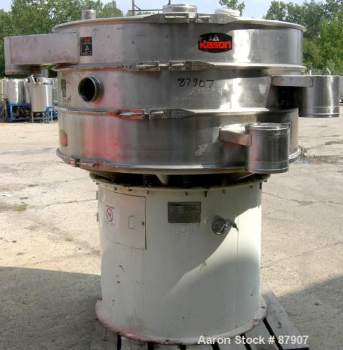 USED: Kason screener, model K-60-2-SS, 321 stainless steel. 60" diameter, double deck, 3 separation. Top cover. Driven by a 1 hp, 3/60/330/460 volt motor. Mounted on a carbon steel base.