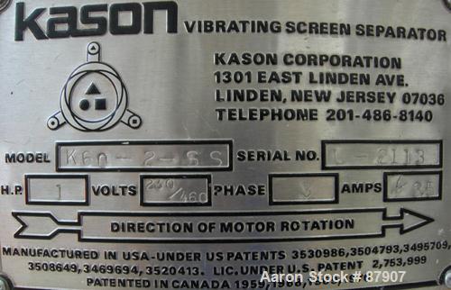 USED: Kason screener, model K-60-2-SS, 321 stainless steel. 60" diameter, double deck, 3 separation. Top cover. Driven by a 1 hp, 3/60/330/460 volt motor. Mounted on a carbon steel base.