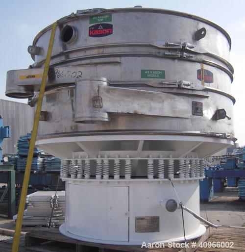 Used Kason Screener, Model K-72-2-SS, 304 stainless steel. 72" diameter, double deck, 3 separation. Stainless steel top cover. Driven by a 2 hp, 3/60/230/460 volt motor. Mounted on a carbon steel bas...