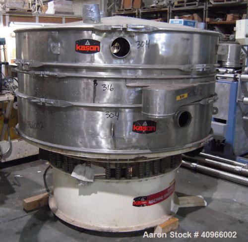 Used Kason Screener, Model K-72-2-SS, 304 stainless steel. 72" diameter, double deck, 3 separation. Stainless steel top cover. Driven by a 2 hp, 3/60/230/460 volt motor. Mounted on a carbon steel bas...