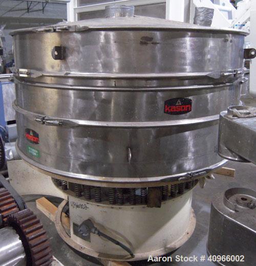 Used Kason Screener, Model K-72-2-SS, 304 stainless steel. 72" diameter, double deck, 3 separation. Stainless steel top cover. Driven by a 2 hp, 3/60/230/460 volt motor. Mounted on a carbon steel bas...