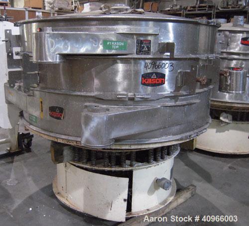 Used Kason Screener, Model K-72-2-SS, 304 stainless steel. 72" diameter, double deck, 3 separation. Stainless steel top cover. Driven by a 2 hp, 3/60/230/460 volt motor. Mounted on a carbon steel bas...