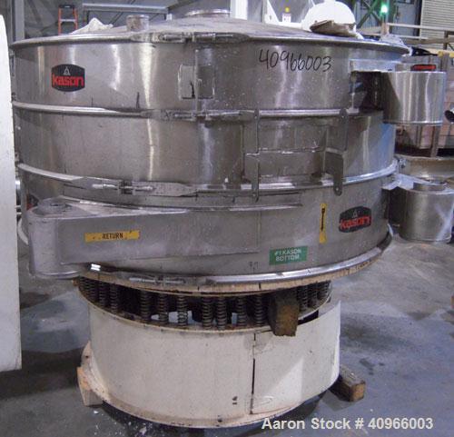 Used Kason Screener, Model K-72-2-SS, 304 stainless steel. 72" diameter, double deck, 3 separation. Stainless steel top cover. Driven by a 2 hp, 3/60/230/460 volt motor. Mounted on a carbon steel bas...