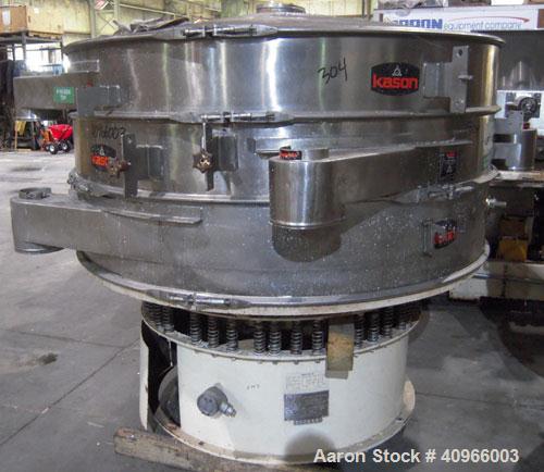 Used Kason Screener, Model K-72-2-SS, 304 stainless steel. 72" diameter, double deck, 3 separation. Stainless steel top cover. Driven by a 2 hp, 3/60/230/460 volt motor. Mounted on a carbon steel bas...