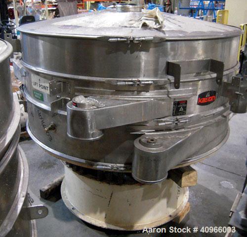 Used Kason Screener, Model K-72-2-SS, 304 stainless steel. 72" diameter, double deck, 3 separation. Stainless steel top cover. Driven by a 2 hp, 3/60/230/460 volt motor. Mounted on a carbon steel bas...