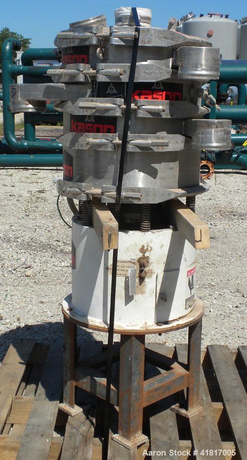 Used Kason Screener, Model K18-3-SS, 304 stainless steel. 18" diameter, triple deck, 4 separation. Stainless steel top cover. Driven by a 1/3 hp, 3/60/230/460 volt, 1140 rpm motor. Mounted on a carbo...
