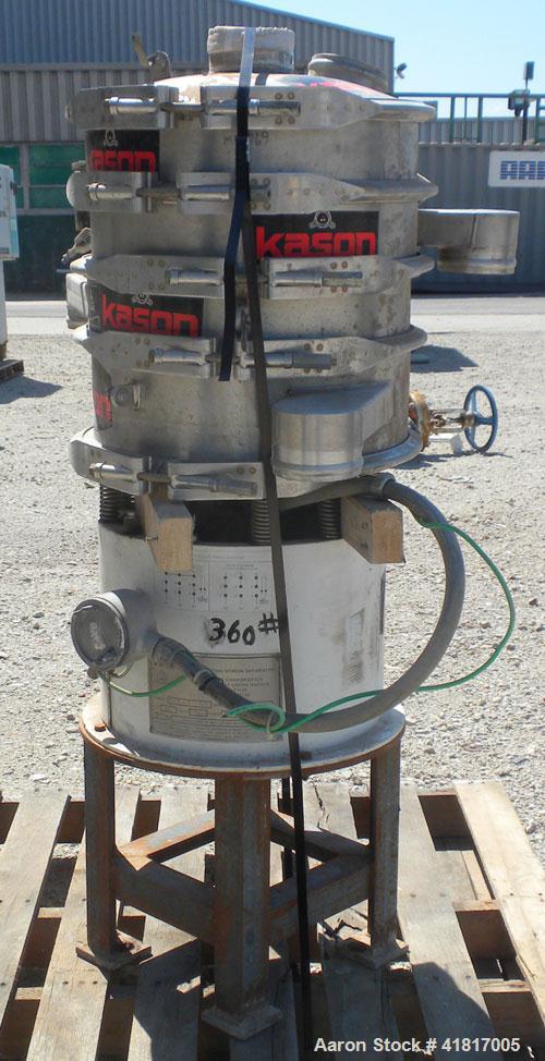 Used Kason Screener, Model K18-3-SS, 304 stainless steel. 18" diameter, triple deck, 4 separation. Stainless steel top cover. Driven by a 1/3 hp, 3/60/230/460 volt, 1140 rpm motor. Mounted on a carbo...