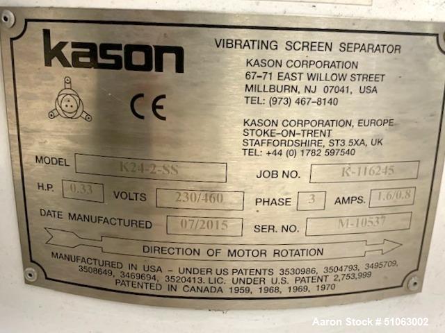 Used- Kason Vibroscreen, Model  K-24-2 Stainless Steel, Single Deck.